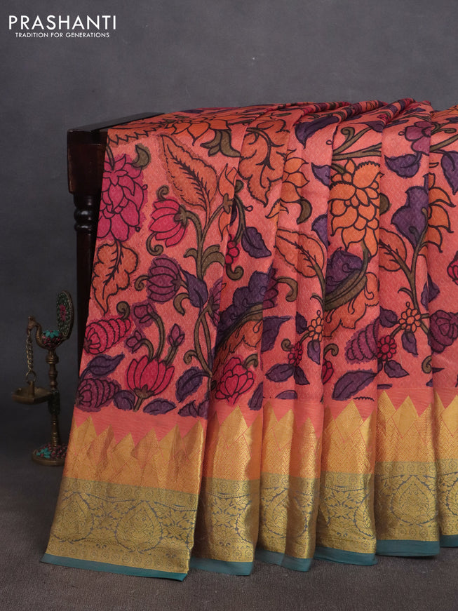 Pure kanchipuram silk saree peach orange and dual shade of teal green with self emboss & pen kalamkari prints and temple design zari woven border