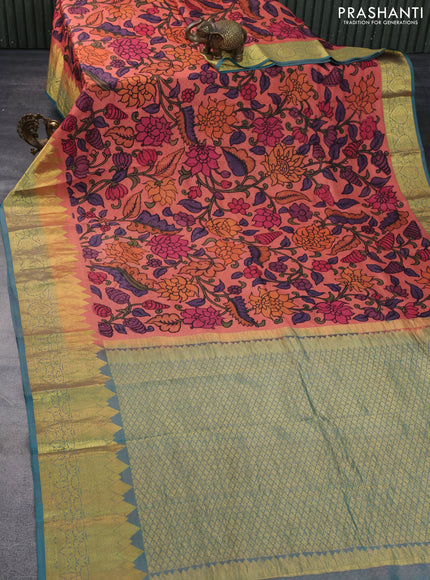 Pure kanchipuram silk saree peach orange and dual shade of teal green with self emboss & pen kalamkari prints and temple design zari woven border