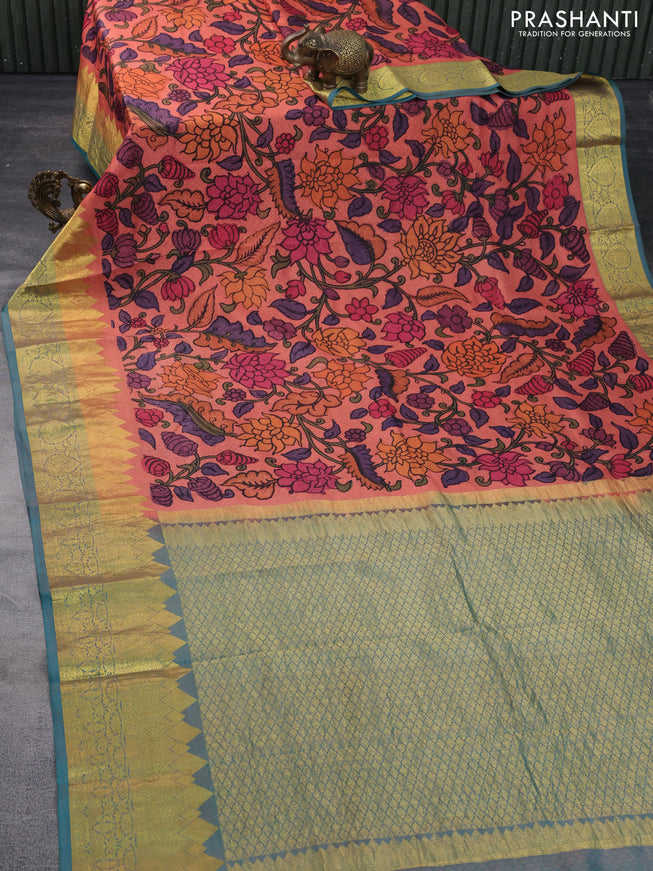 Pure kanchipuram silk saree peach orange and dual shade of teal green with self emboss & pen kalamkari prints and temple design zari woven border