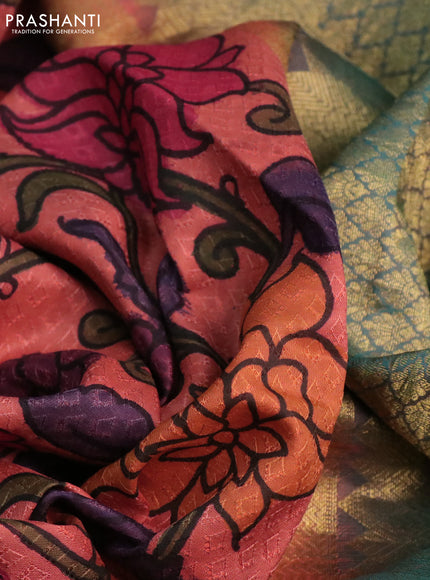 Pure kanchipuram silk saree peach orange and dual shade of teal green with self emboss & pen kalamkari prints and temple design zari woven border