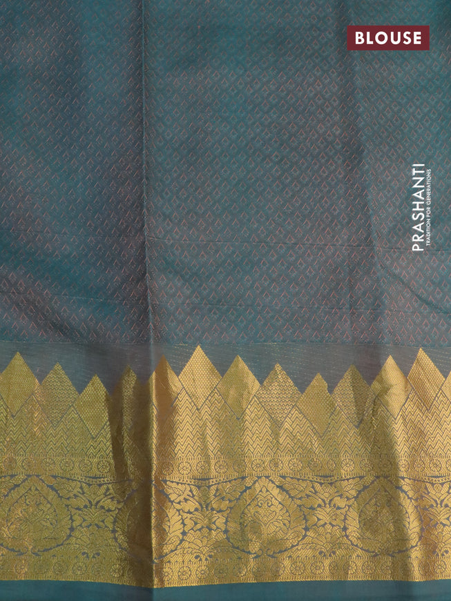 Pure kanchipuram silk saree peach orange and dual shade of teal green with self emboss & pen kalamkari prints and temple design zari woven border