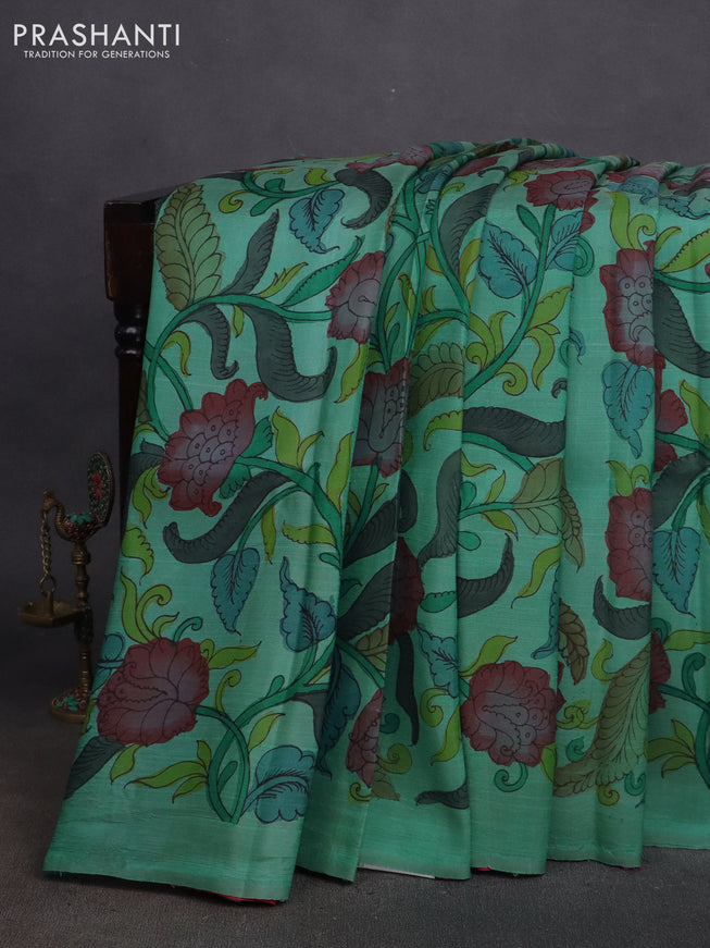 Pure kanchipuram silk saree teal shade and pink with allover pen kalamkari prints in borderless style