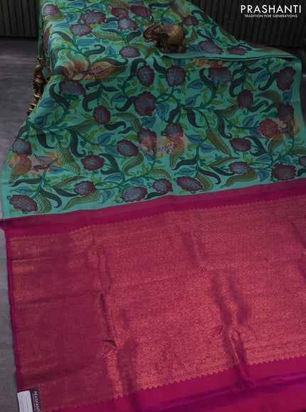 Pure kanchipuram silk saree teal shade and pink with allover pen kalamkari prints in borderless style