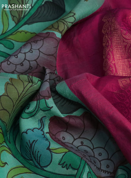 Pure kanchipuram silk saree teal shade and pink with allover pen kalamkari prints in borderless style