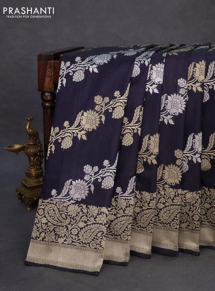 Banarasi uppada silk saree deep navy blue with allover silver & gold zari woven floral weaves and rich zari woven border