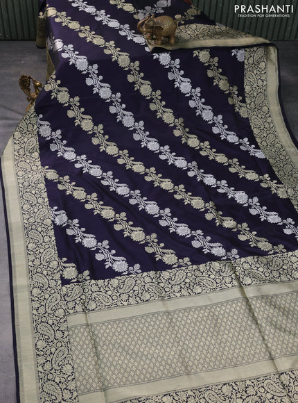 Banarasi uppada silk saree deep navy blue with allover silver & gold zari woven floral weaves and rich zari woven border