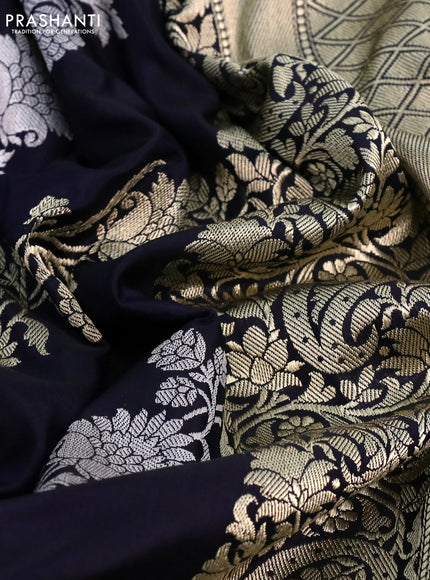 Banarasi uppada silk saree deep navy blue with allover silver & gold zari woven floral weaves and rich zari woven border