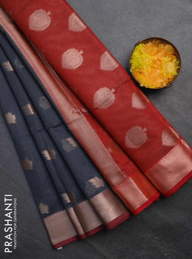 Semi maheswari silk cotton saree grey and maroon with zari woven leaf buttas and floral zari woven border