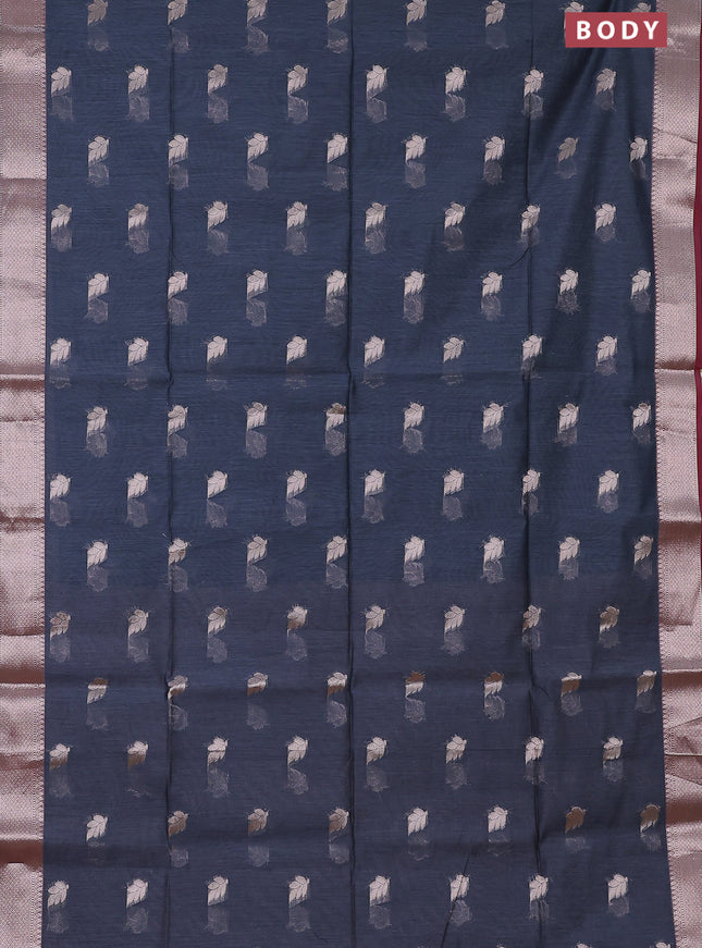 Semi maheswari silk cotton saree grey and maroon with zari woven leaf buttas and floral zari woven border