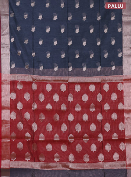 Semi maheswari silk cotton saree grey and maroon with zari woven leaf buttas and floral zari woven border