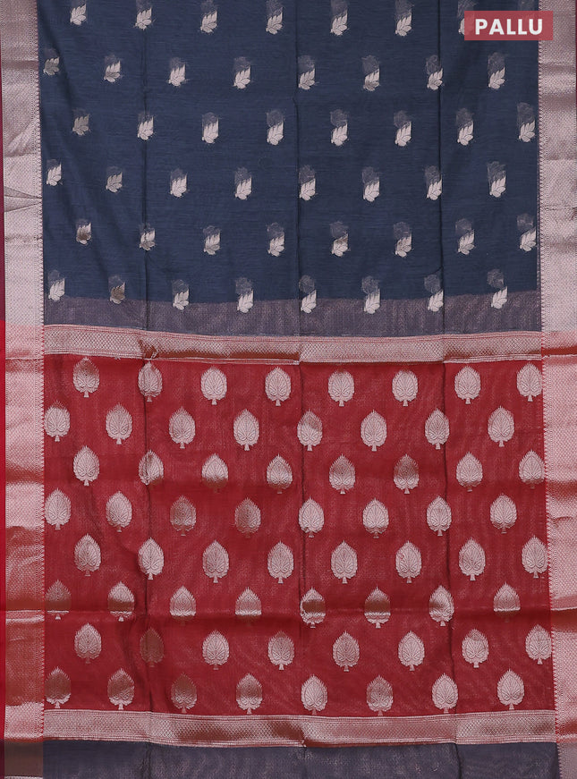 Semi maheswari silk cotton saree grey and maroon with zari woven leaf buttas and floral zari woven border