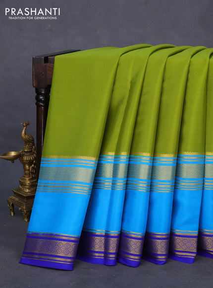 Pure mysore silk saree mehendi green and cs blue with plain body and long rettapet zari woven border