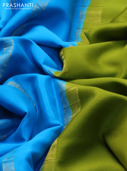 Pure mysore silk saree mehendi green and cs blue with plain body and long rettapet zari woven border