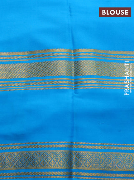 Pure mysore silk saree mehendi green and cs blue with plain body and long rettapet zari woven border
