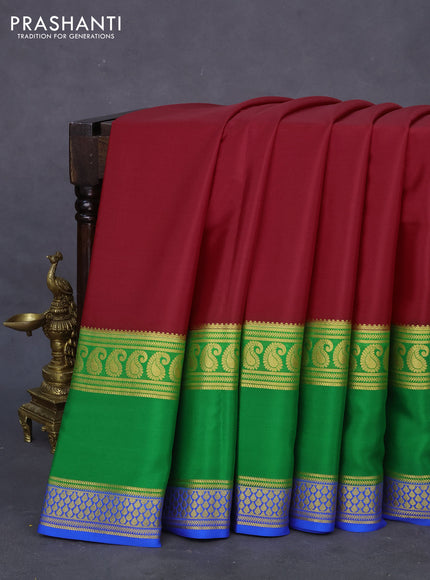 Pure mysore silk saree red and green cs blue with plain body and rettapet zari woven border