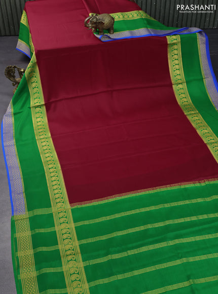Pure mysore silk saree red and green cs blue with plain body and rettapet zari woven border