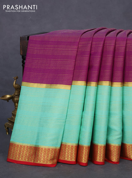 Pure mysore silk saree deep purple and teal green red with allover zari weaves and zari woven border