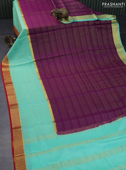 Pure mysore silk saree deep purple and teal green red with allover zari weaves and zari woven border