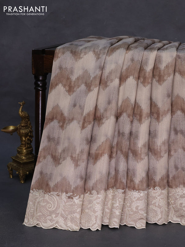 Semi tussar saree beige with allover zig zag digital prints and chikankari work border