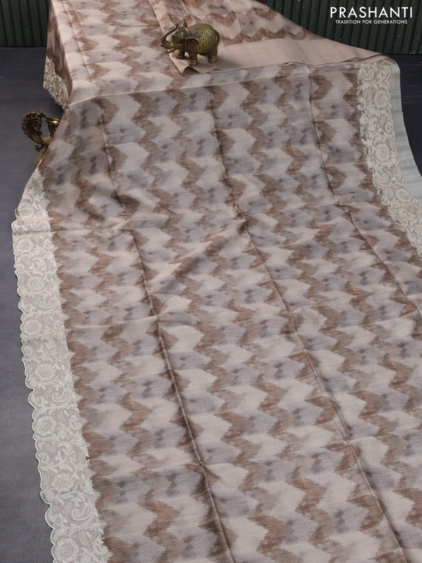 Semi tussar saree beige with allover zig zag digital prints and chikankari work border