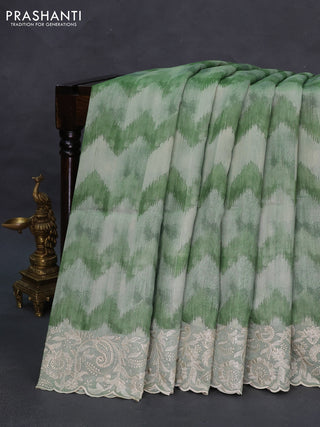 Semi tussar saree pastel green with allover zig zag digital prints and chikankari work border