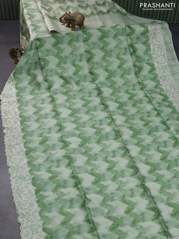 Semi tussar saree pastel green with allover zig zag digital prints and chikankari work border