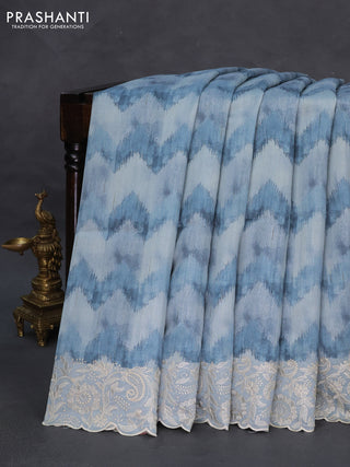 Semi tussar saree pastel blue with allover zig zag digital prints and chikankari work border