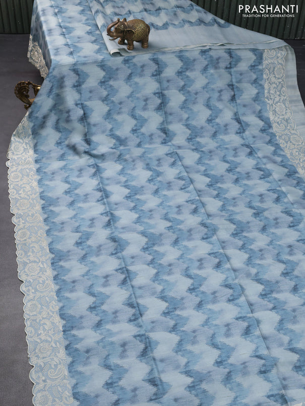 Semi tussar saree pastel blue with allover zig zag digital prints and chikankari work border