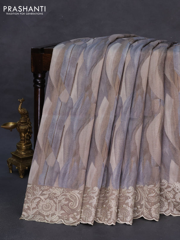 Semi tussar saree grey shade with allover digital prints and chikankari work border