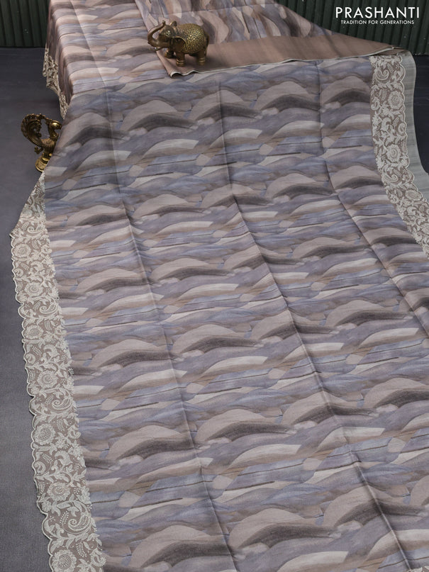 Semi tussar saree grey shade with allover digital prints and chikankari work border