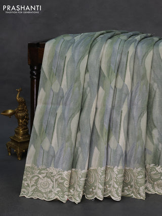 Semi tussar saree green and grey with allover digital prints and chikankari work border