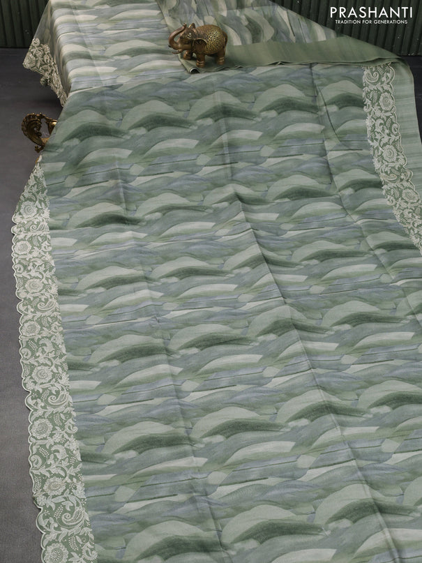 Semi tussar saree green and grey with allover digital prints and chikankari work border