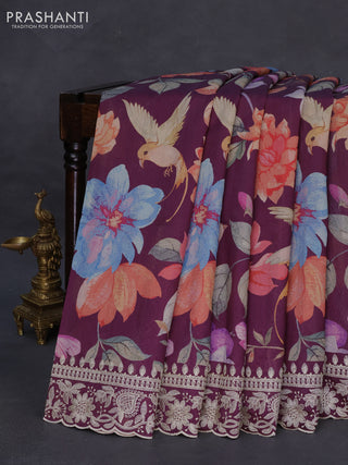 Semi tussar saree wine shade with allover digital prints and chikankari work border