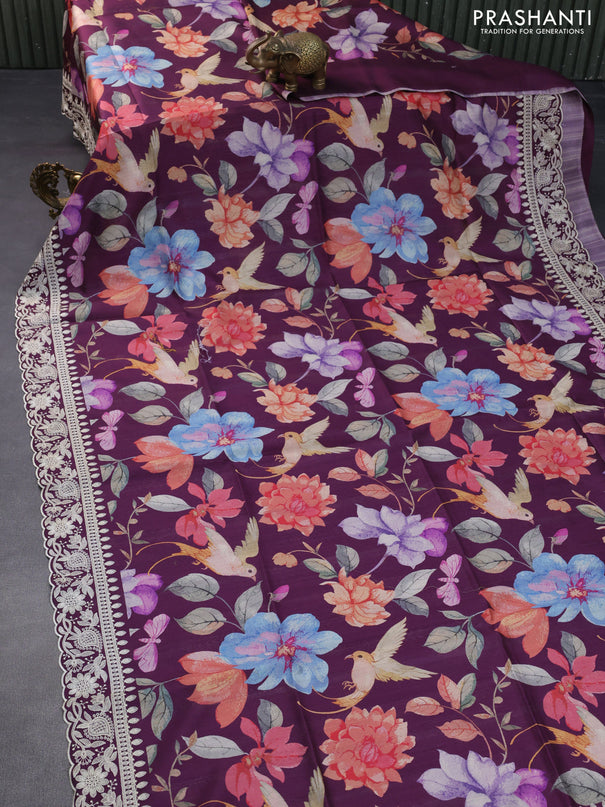 Semi tussar saree wine shade with allover digital prints and chikankari work border