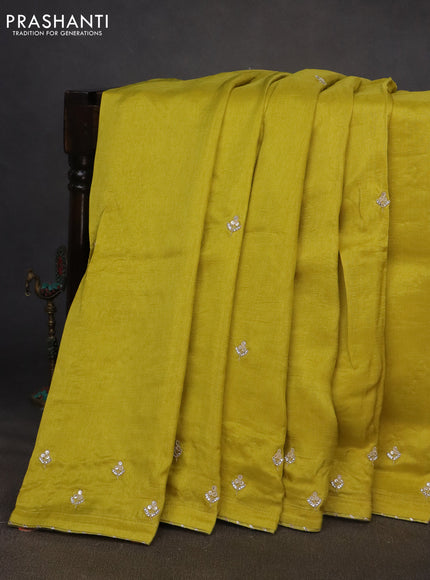 Satin silk saree lime yellow with embroidery work buttas and lace work border