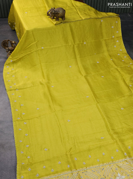 Satin silk saree lime yellow with embroidery work buttas and lace work border