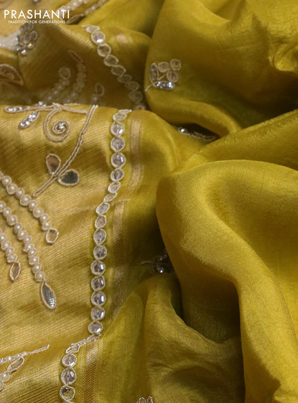 Satin silk saree lime yellow with embroidery work buttas and lace work border