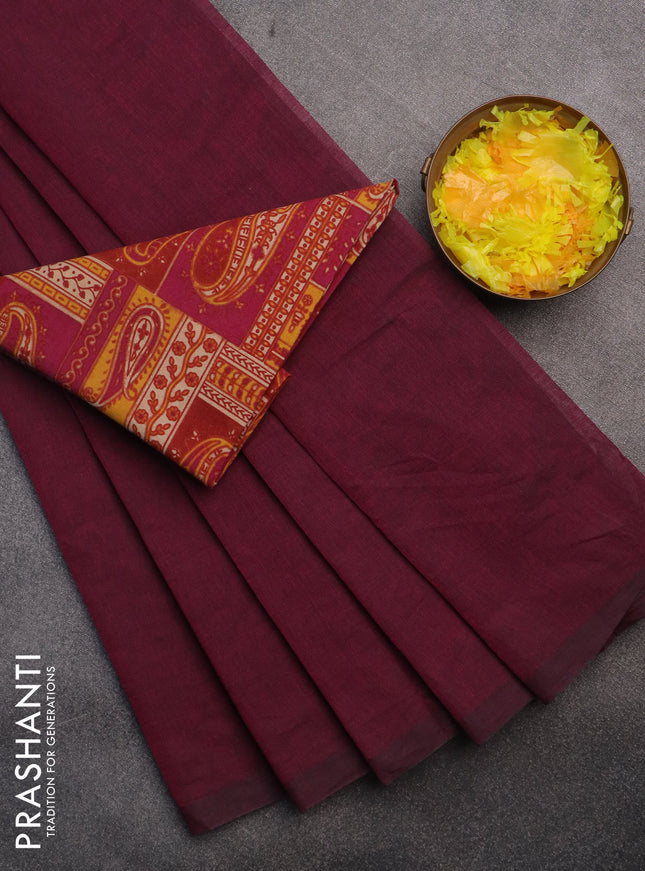 Chirala cotton saree dark magenta pink and multi colour with plain body and kalamkari blouse