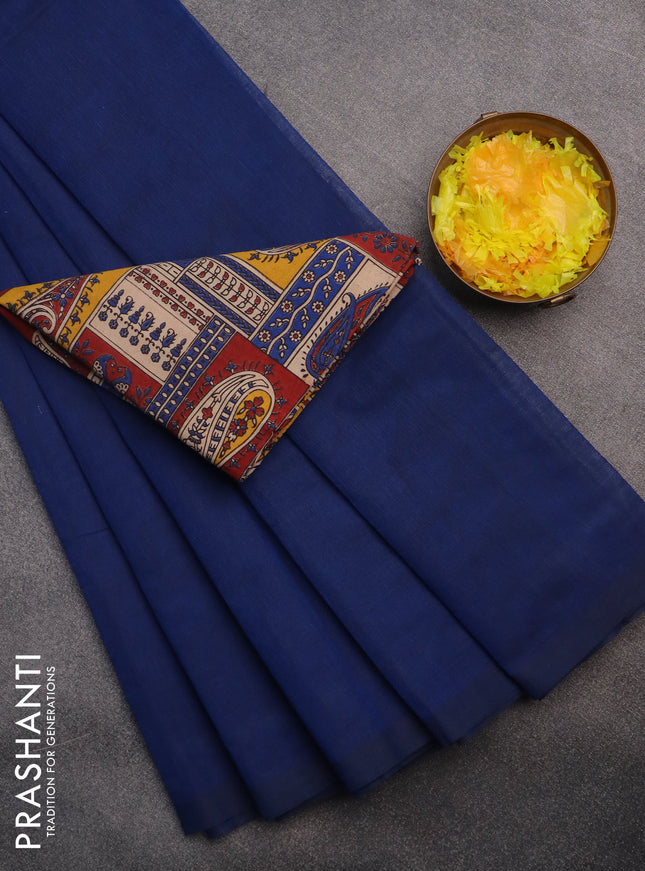 Chirala cotton saree peacock blue and multi colour with plain body and kalamkari blouse