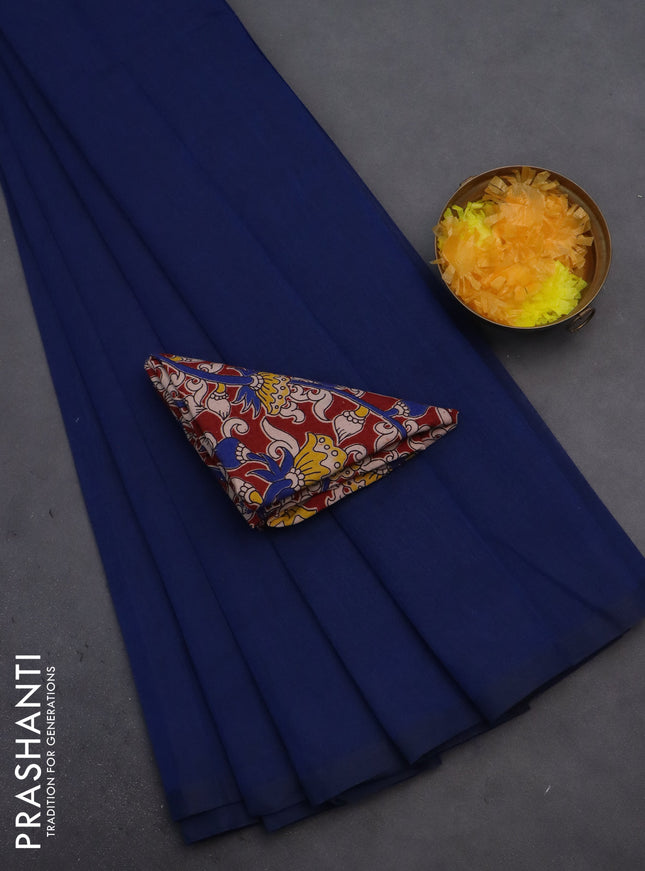 Chirala cotton saree blue and maroon with plain body and kalamkari blouse