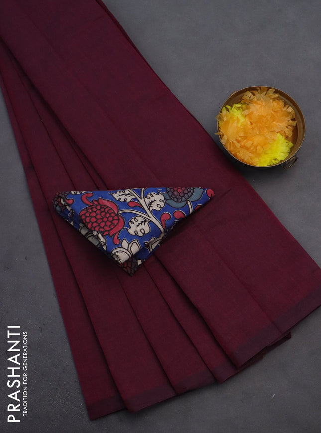 Chirala cotton saree dark magenta pink and blue with plain body and kalamkari blouse