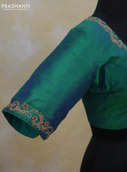 Raw silk readymade blouse dual shade of teal green with zardosi work and back knot