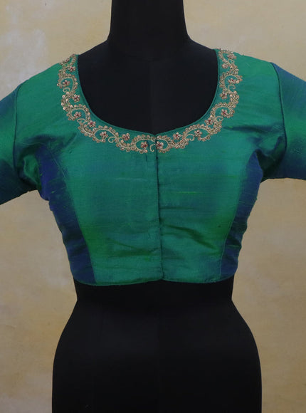 Raw silk readymade blouse dual shade of teal green with zardosi work and back knot