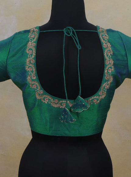 Raw silk readymade blouse dual shade of teal green with zardosi work and back knot