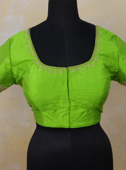 Raw silk readymade blouse light green with zardosi work and back knot