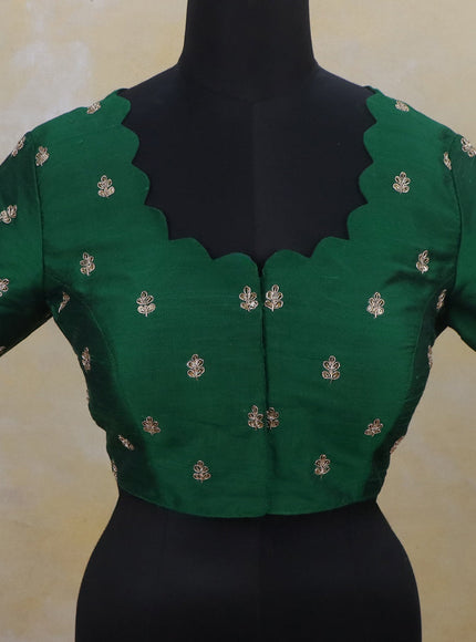 Raw silk readymade blouse green with scallop neck design & zardosi work and back knot