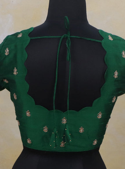 Raw silk readymade blouse green with scallop neck design & zardosi work and back knot