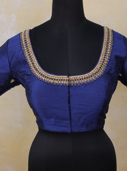 Raw silk readymade blouse navy blue with zardosi work and front hook pattern