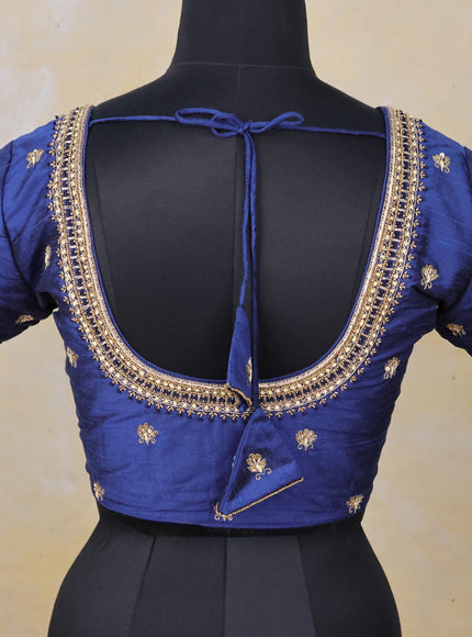 Raw silk readymade blouse navy blue with zardosi work and front hook pattern