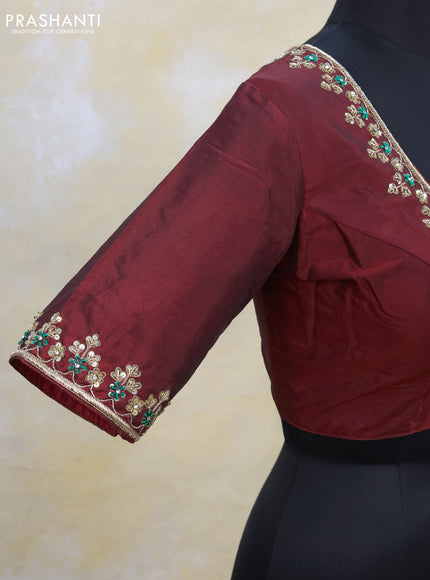 Silk readymade blouse maroon with zardosi work and back knot